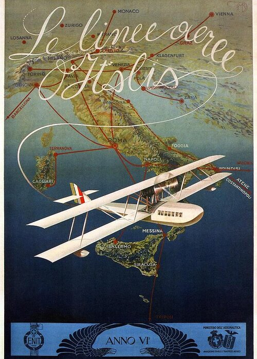 Biplane Greeting Card featuring the mixed media Aircraft Flying Over Italy - Biplane - Retro travel Poster - Vintage Poster by Studio Grafiikka