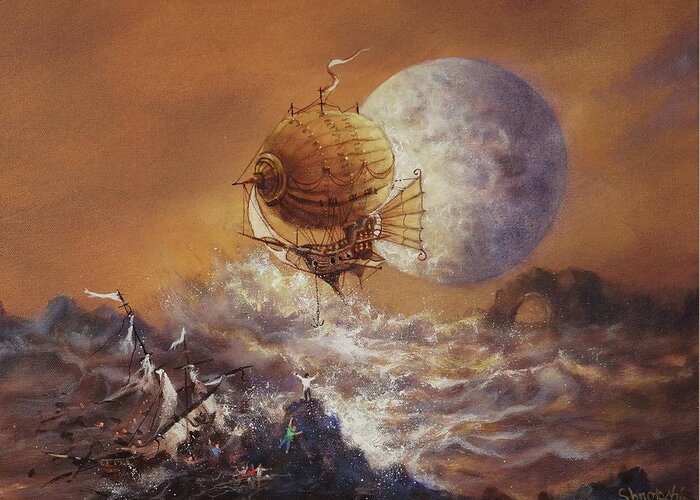 Steampunk Airship Greeting Card featuring the painting Airship Sea Rescue by Tom Shropshire