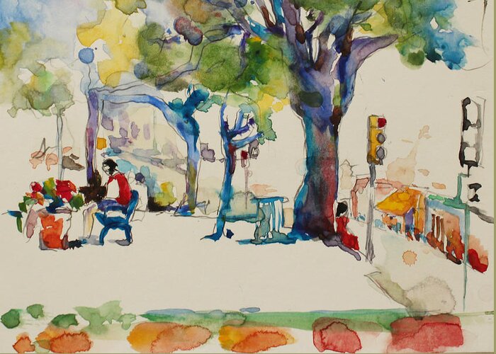 Watercolor Greeting Card featuring the painting Alamo Plaza by Becky Kim