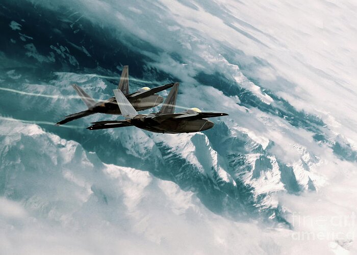 F-22 Greeting Card featuring the digital art Alaskan Raptors by Airpower Art