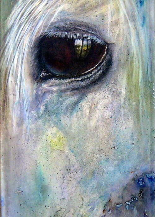 Horse Greeting Card featuring the painting Alex-Reflecting Behind Stall Bars by Mary McCullah