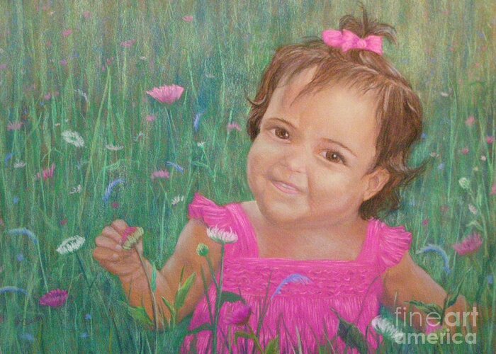 Child Greeting Card featuring the painting Alexis in Pink by Lynn Quinn