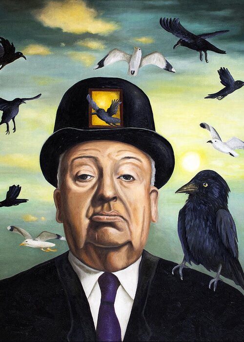Alfred Hitchcock Greeting Card featuring the painting Alfred Hitchcock by Leah Saulnier The Painting Maniac