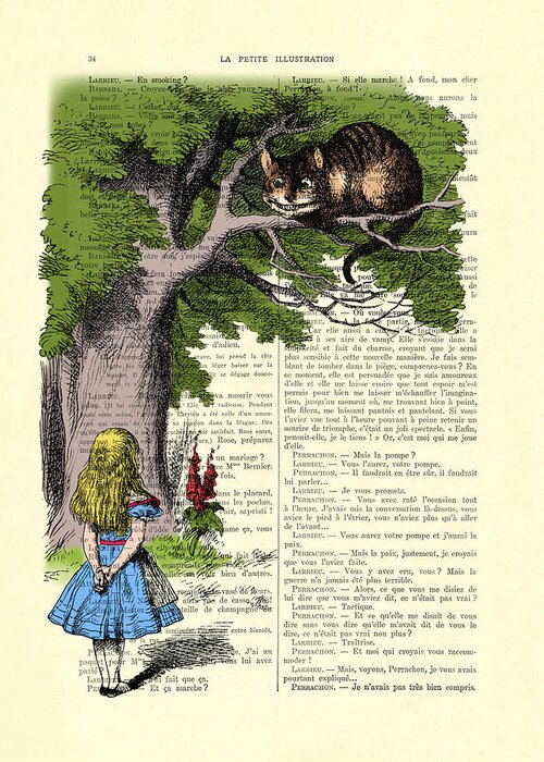 Alice In Wonderland Greeting Card featuring the digital art Alice in wonderland and cheshire cat by Madame Memento