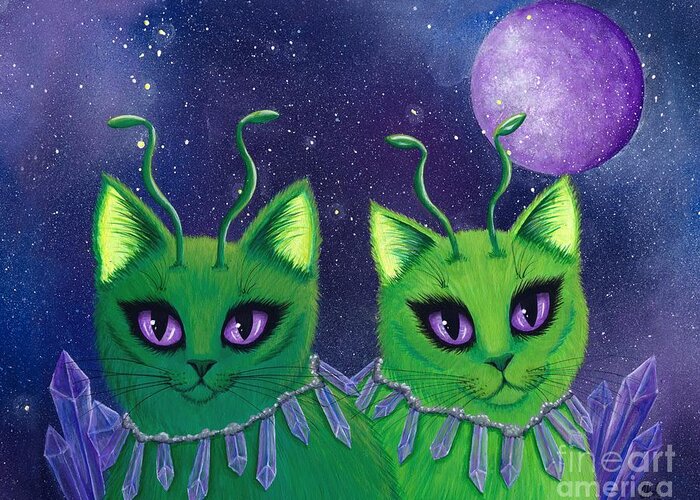 Alien Cats Greeting Card featuring the painting Alien Cats by Carrie Hawks