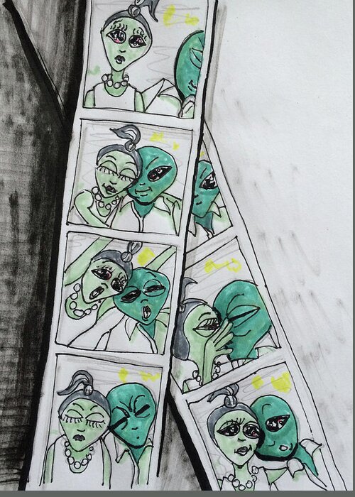 Photo Booth Greeting Card featuring the drawing alien Photo Booth by Similar Alien