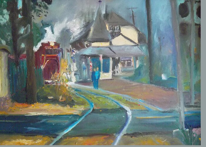 Railroad Greeting Card featuring the painting All Fired Up by Susan Esbensen