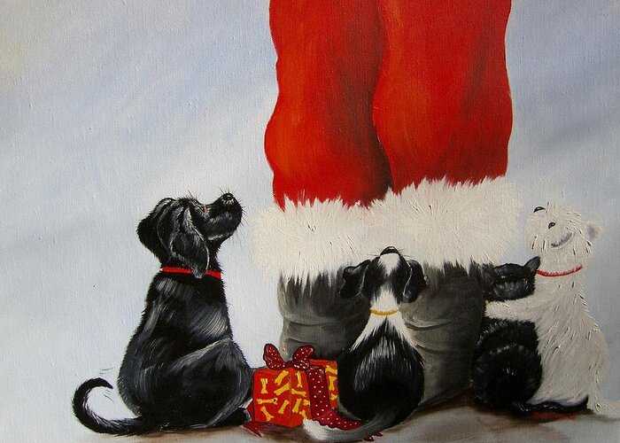 Santa Greeting Card featuring the painting All the Fur Kids Love Santa by Debra Campbell