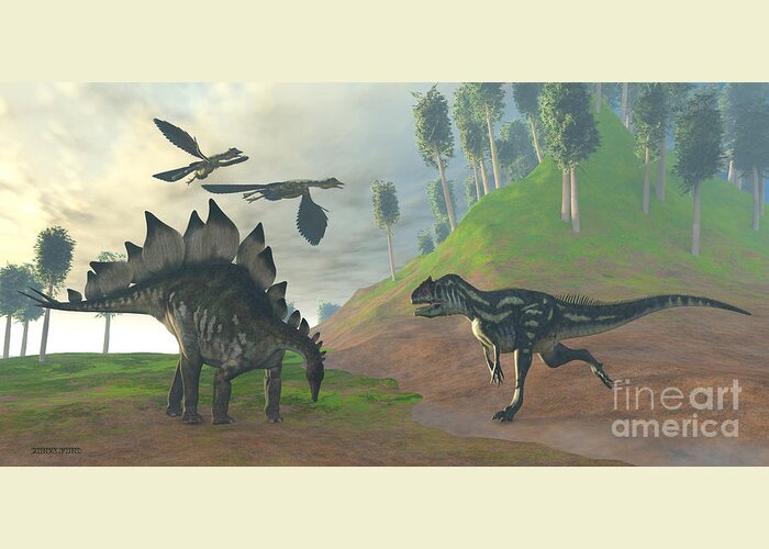 Allosaurus Greeting Card featuring the painting Allosaurus Hunt by Corey Ford