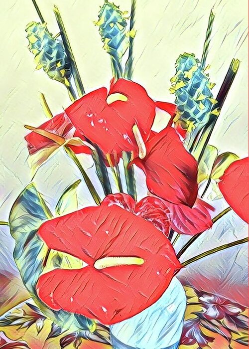 #alohabouquetoftheday #anthuriums #greenginger #blue Greeting Card featuring the photograph Aloha Bouquet of the Day - Anthuriums and Green Ginger in Blue by Joalene Young