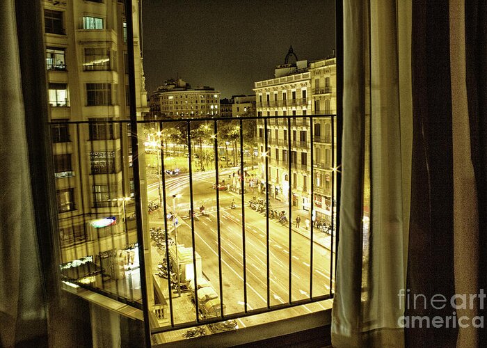Cityscape Greeting Card featuring the photograph Alone at Midnight in Barcelona by Becqi Sherman