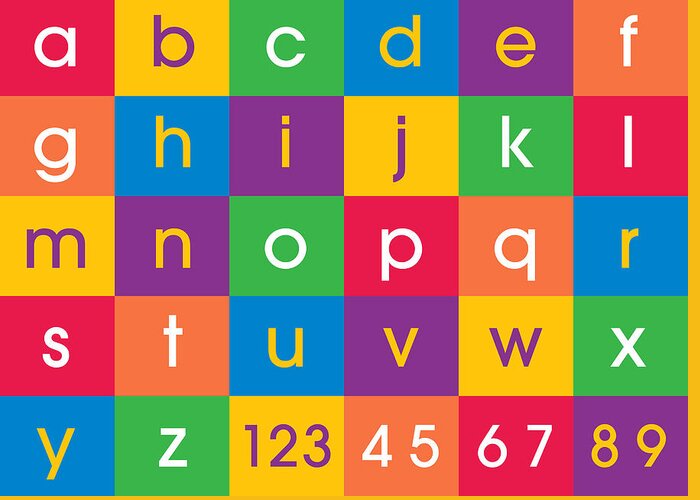 Alphabet And Numbers Canvas Print In Bright Fun Colors. Contemporary Design For Kids And Children's Bedroom Greeting Card featuring the digital art Alphabet Colors by Michael Tompsett