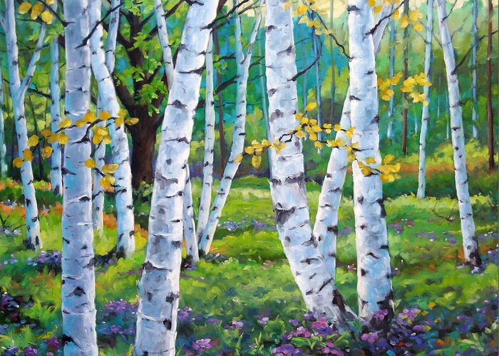Birche; Birches; Tree; Trees; Nature; Landscape; Landscapes Scenic; Richard T. Pranke; Canadian Artist Painter Greeting Card featuring the painting Alpine flowers and birches by Richard T Pranke