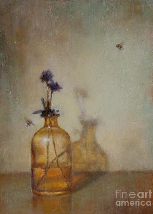 Bee Greeting Card featuring the painting Amber Bottle and Bees by Lori McNee
