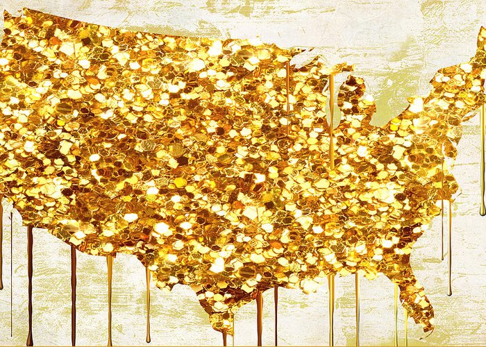 Usa Greeting Card featuring the painting Glitter Gold American Map by Mindy Sommers