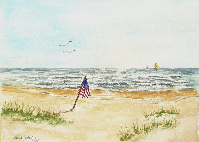 American Land American Flag American Beach Ocean Greeting Card featuring the painting American Land by Miroslaw Chelchowski