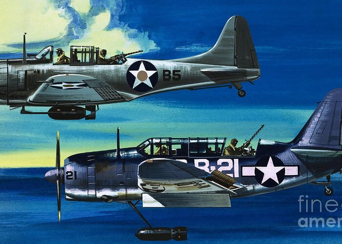 Aircraft Greeting Card featuring the painting American WW2 Planes Douglas SBD1 Dauntless and Curtiss SB2C1 Helldiver by Wilf Hardy