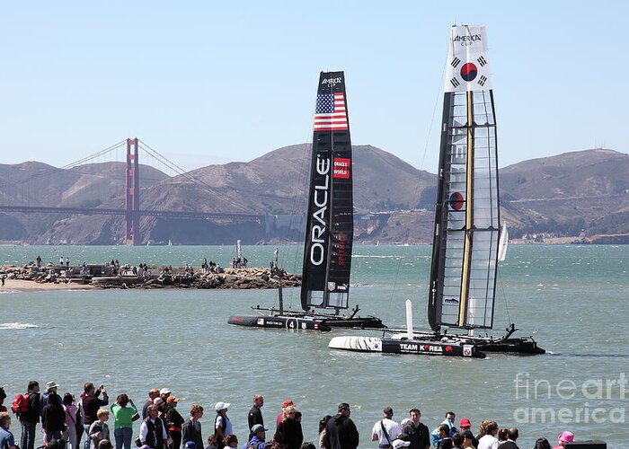 Wingsdomain Greeting Card featuring the photograph America's Cup Racing Sailboats in The San Francisco Bay 5D18253 by San Francisco