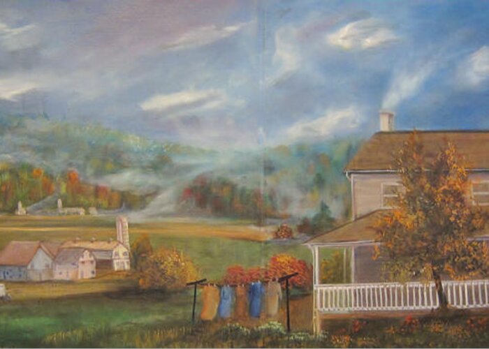 Landscape Greeting Card featuring the painting Amish Farm by Sherry Strong