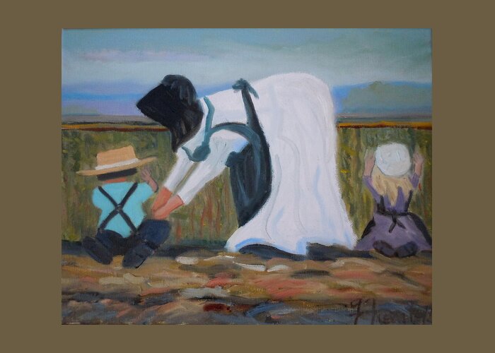 Amish Greeting Card featuring the painting Amish Picking Peas by Francine Frank
