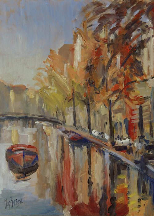 Amsterdam Greeting Card featuring the painting Amsterdam Autumn with boat by Nop Briex