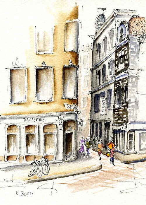 Watercolor Greeting Card featuring the painting Amsterdam Street Scene by Karla Beatty