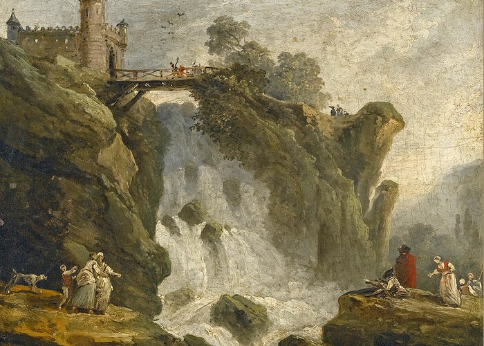 Hubert Robert Greeting Card featuring the painting An Artist sketching with other Figures beneath a Waterfall by Hubert Robert
