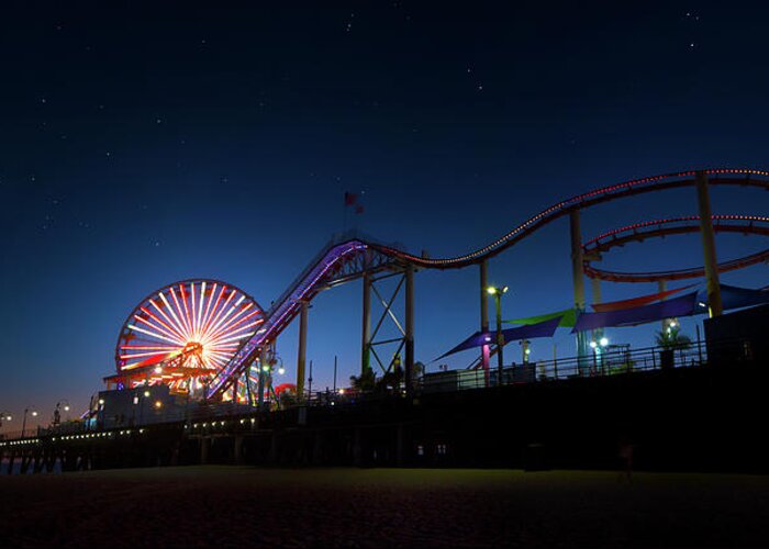 Santa Monica Pier Greeting Card featuring the photograph An Evening at Santa Monica Pier by Mark Andrew Thomas