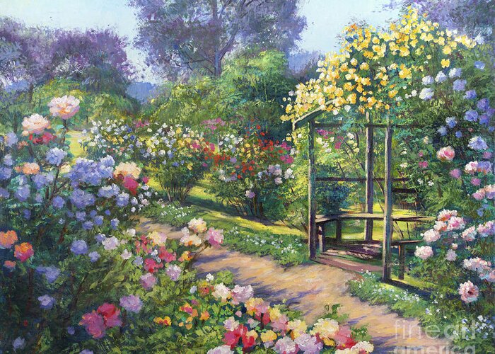 Landscape Greeting Card featuring the painting An Evening Rose Garden by David Lloyd Glover