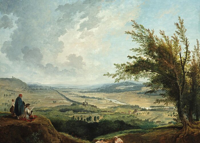 Hubert Robert Greeting Card featuring the painting An Extensive Landscape near Paris by Hubert Robert