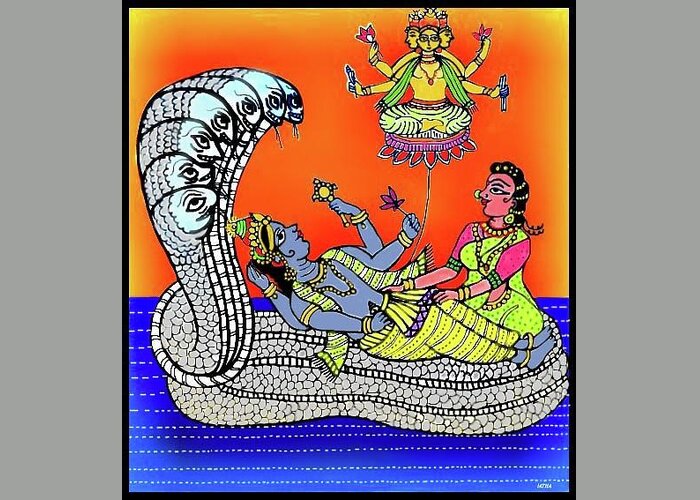 Sree Padmanabha With Lakshmi Devi Painting.patta Chitra Painting Greeting Card featuring the digital art Anantha Sayanam-Patta chitra style by Latha Gokuldas Panicker
