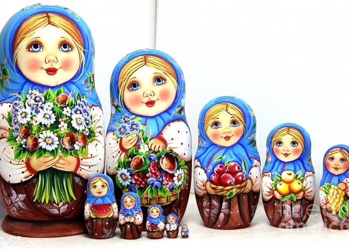 Multicolored Matryoshka Nesting Dolls Anastasia With A Bouquet Of Flowers Hand Painted Russian Wood Curved Easter Christmas Greeting Card featuring the digital art Anastasia With A Bouquet by Viktoriya Sirris