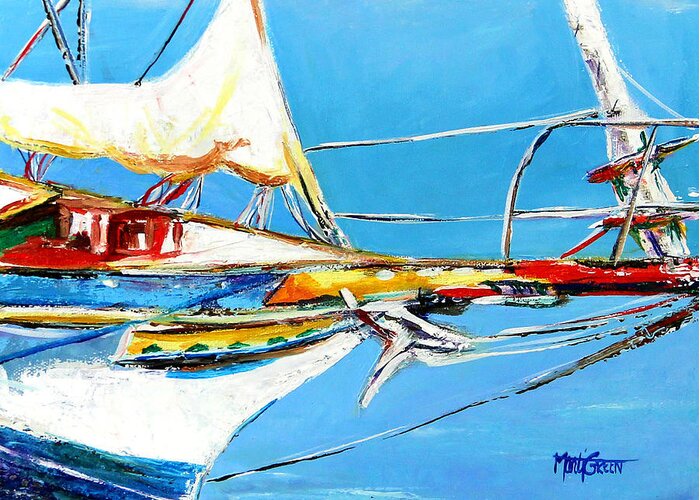Boats Greeting Card featuring the painting Anchored 2 by Marti Green