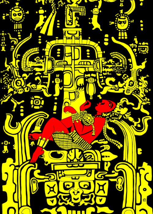 Ancient Greeting Card featuring the digital art Ancient Astronaut Yellow and Red version by Piotr Dulski
