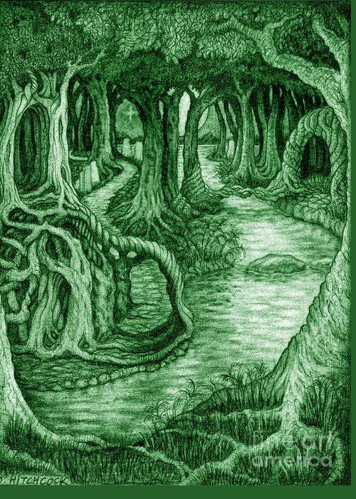 Mythology Greeting Card featuring the drawing Ancient Forest by Debra Hitchcock
