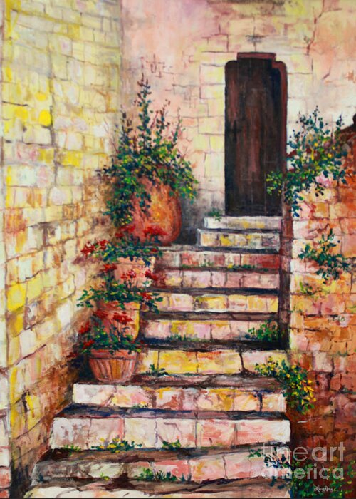 Ancient Stairway Greeting Card featuring the painting Ancient Stairway by Lou Ann Bagnall
