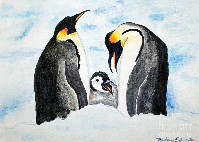 Penguin Greeting Card featuring the painting And Baby Makes Three by Marlene Schwartz Massey