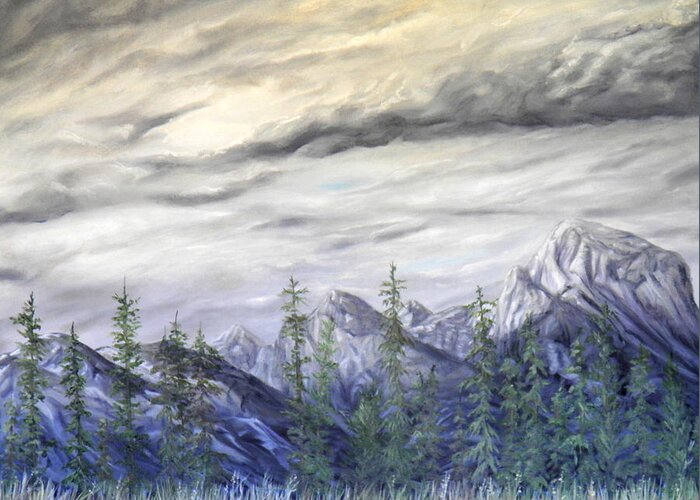 Mountains Trees Grasses Clouds Sky Ground Landscape Range Light Shadow Dark Moody Blue White Grey Violet Green Yellow Brown Orange Crevasses Fir Cedar Pine Branches Needles Leaves Rock Granite Basalt Greeting Card featuring the painting And Far Away by Ida Eriksen
