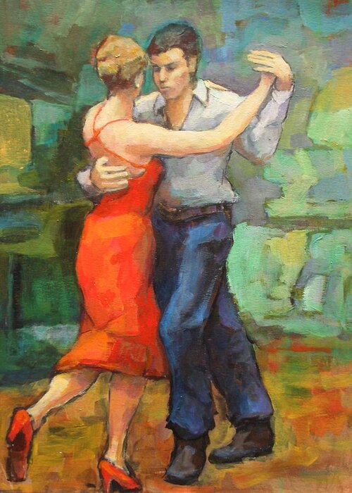 Tango Greeting Card featuring the painting and they dance a Tango by Johannes Strieder