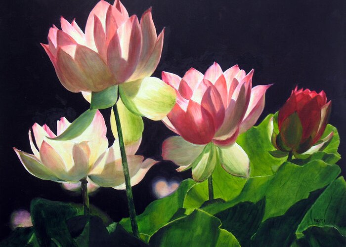 Floral Greeting Card featuring the painting Andrea's Lillies by Marina Petro