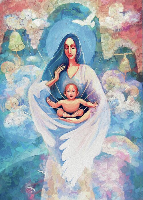 Angel And Child Greeting Card featuring the painting Angel Blessing by Eva Campbell