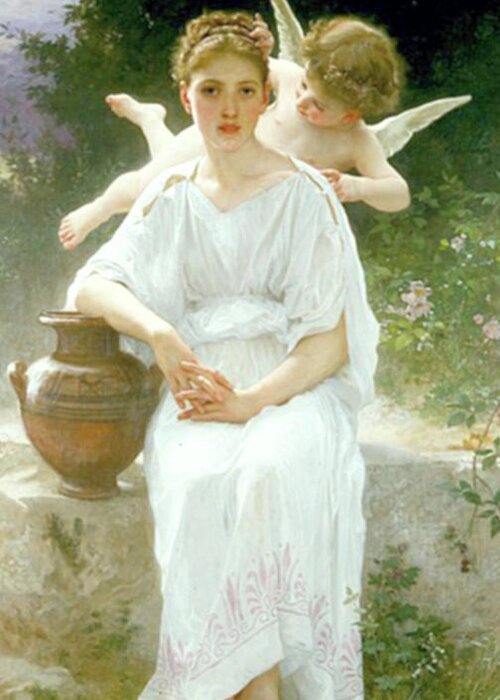 Angel Greeting Card featuring the mixed media Angel Whispers - Les murmures del Amour William by Adolphe Bouguereau