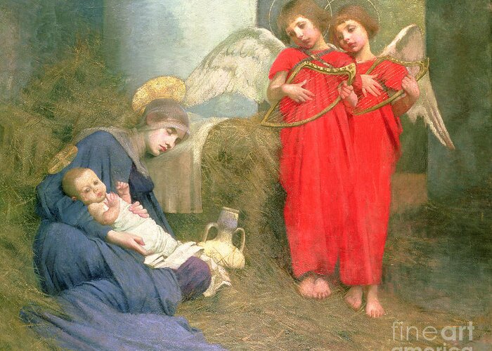 Stable; Lyre; Musical Instrument; Sleeping; Straw Greeting Card featuring the painting Angels Entertaining the Holy Child by Marianne Stokes