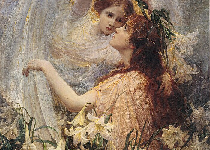 Angel Greeting Card featuring the painting Angel's Message by George Hillyard Swinstead
