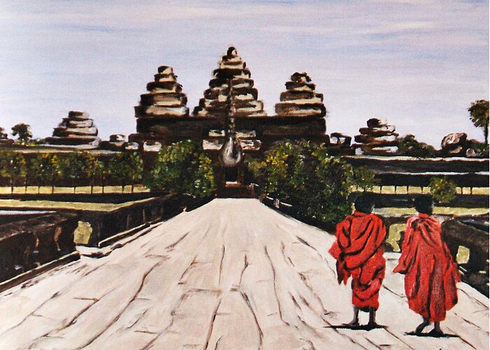 Angkor Wat Greeting Card featuring the painting Angkor Wat by Carol Tsiatsios