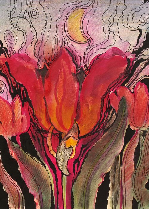 Flowers Greeting Card featuring the painting Animals in the tulip by Valentina Plishchina