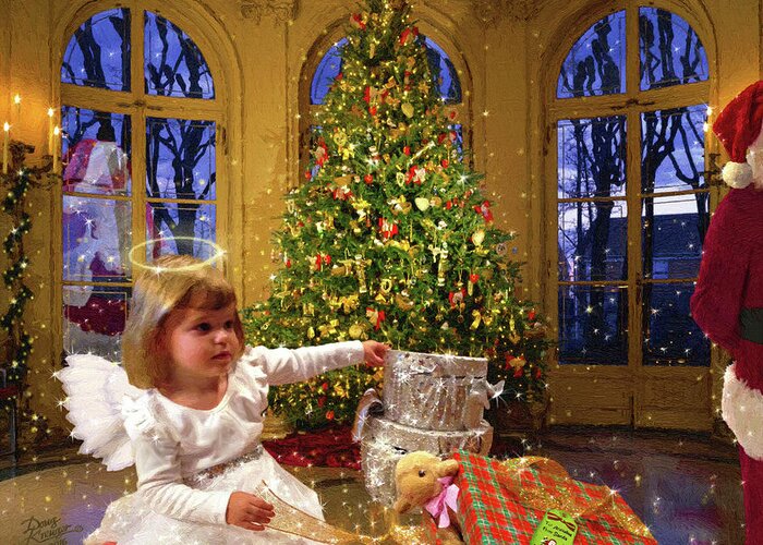Young Child Opening Christmas Presents Greeting Card featuring the digital art Annalise and Santa by Doug Kreuger