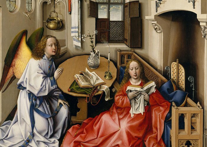 Alter Greeting Card featuring the painting Annunciation Triptych, Merode Altarpiece, central panel by Robert Campin