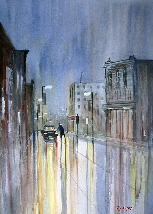 Street Scene Greeting Card featuring the painting Another Rainy Night by Ryan Radke