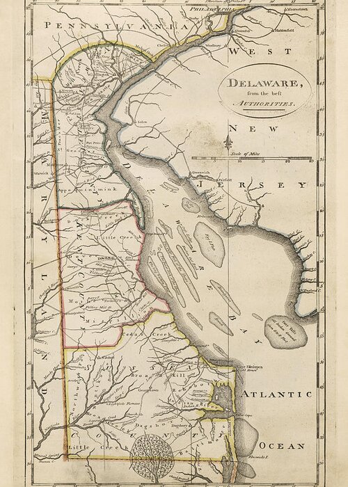 Delaware Greeting Card featuring the drawing Antique Map of Delaware by Mathew Carey - 1814 by Blue Monocle